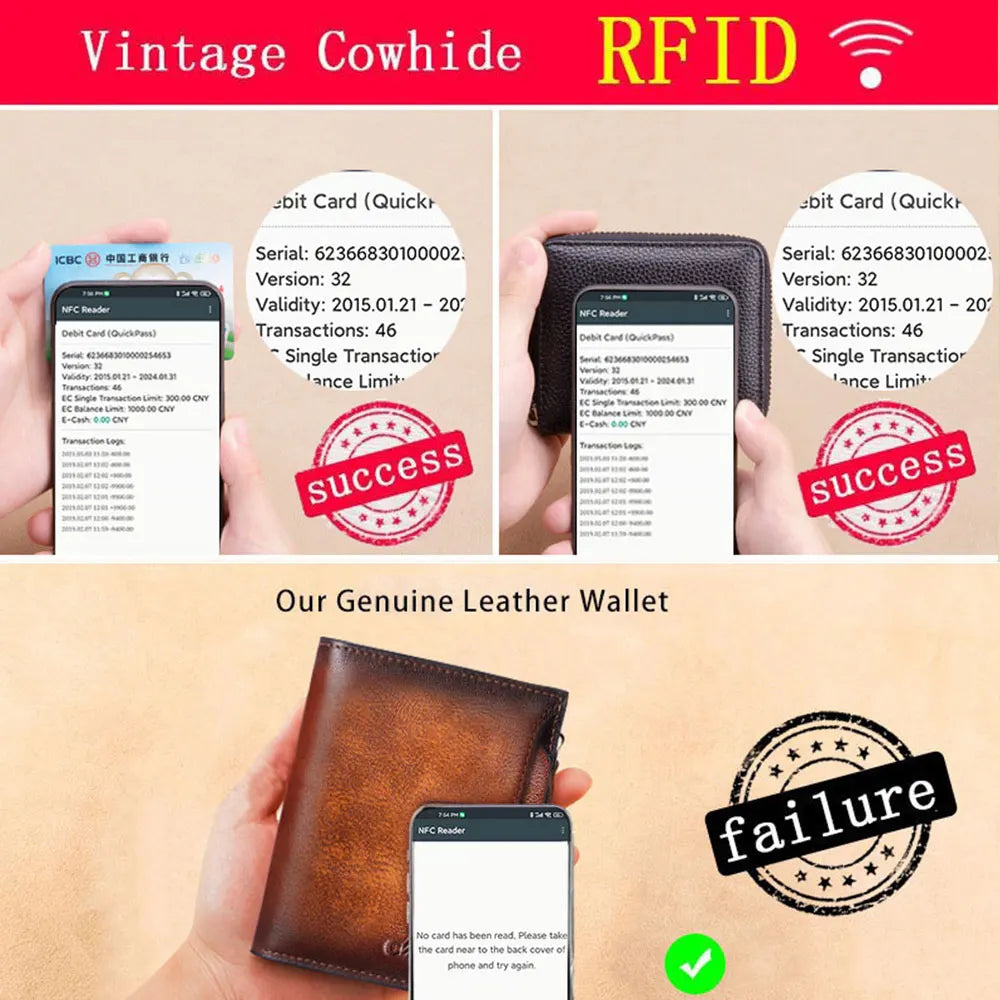 Men's Vintage Genuine Leather Wallet, RFID Blocking Zipper Coin Pocket Money Clip - Orchid Boutique Shop