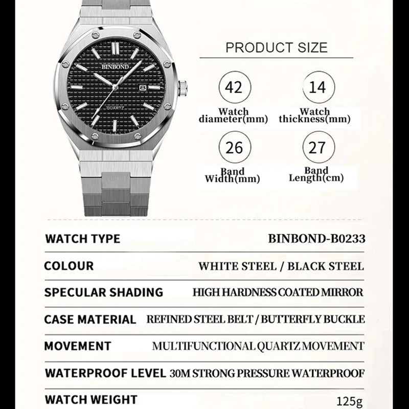 BINBONG Fashion Watch, Big Dial, Silver Stainless Steel, Calendar Quartz - Orchid Boutique Shop