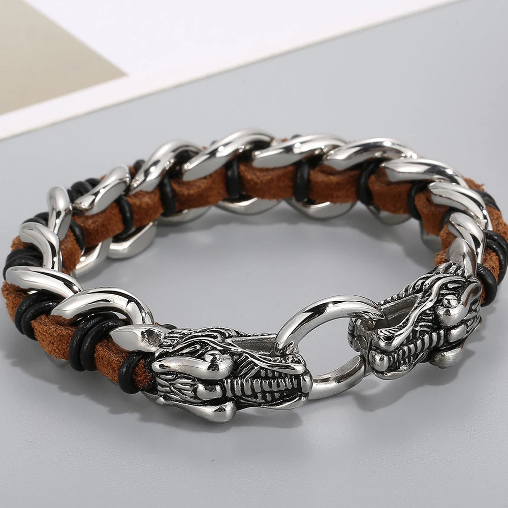 Weaved Luxury Leather and Stainless Steel Punk Wolf Bracelet for Men and Women - Orchid Boutique Shop