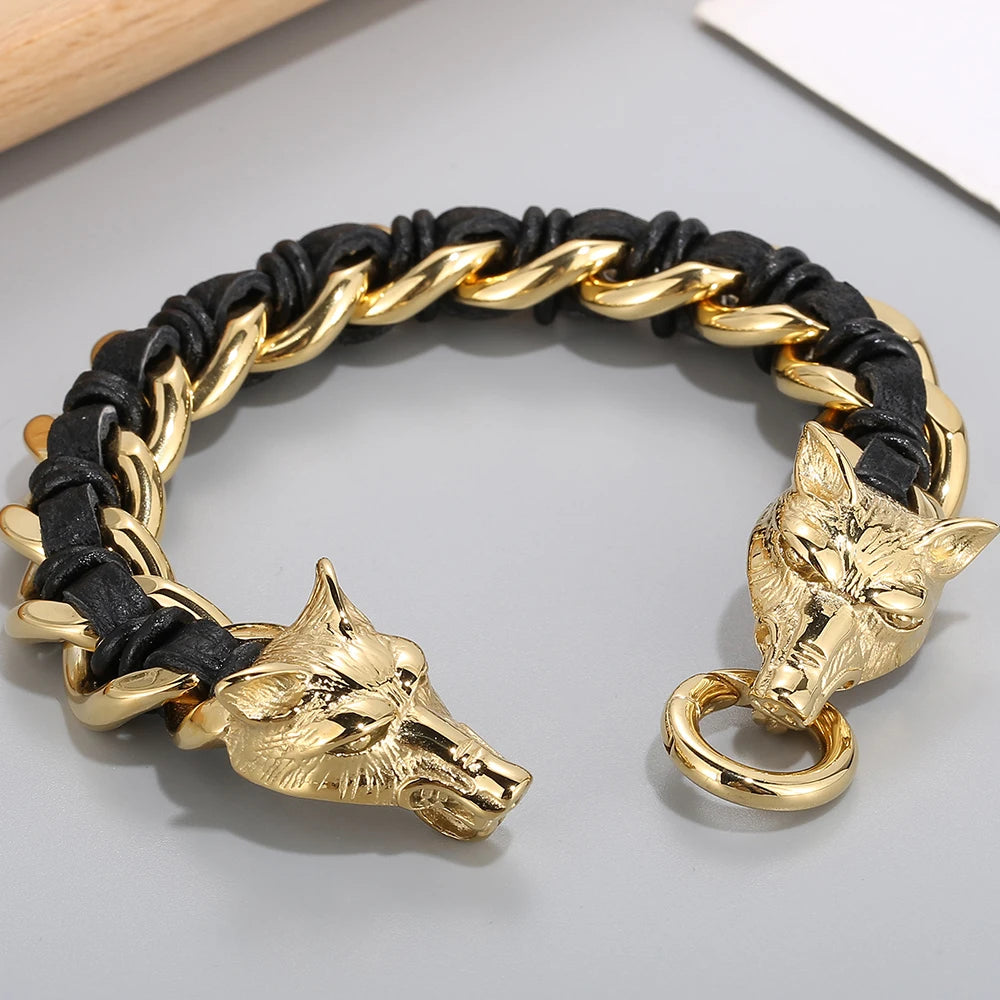 Weaved Luxury Leather and Stainless Steel Punk Wolf Bracelet for Men and Women - Orchid Boutique Shop