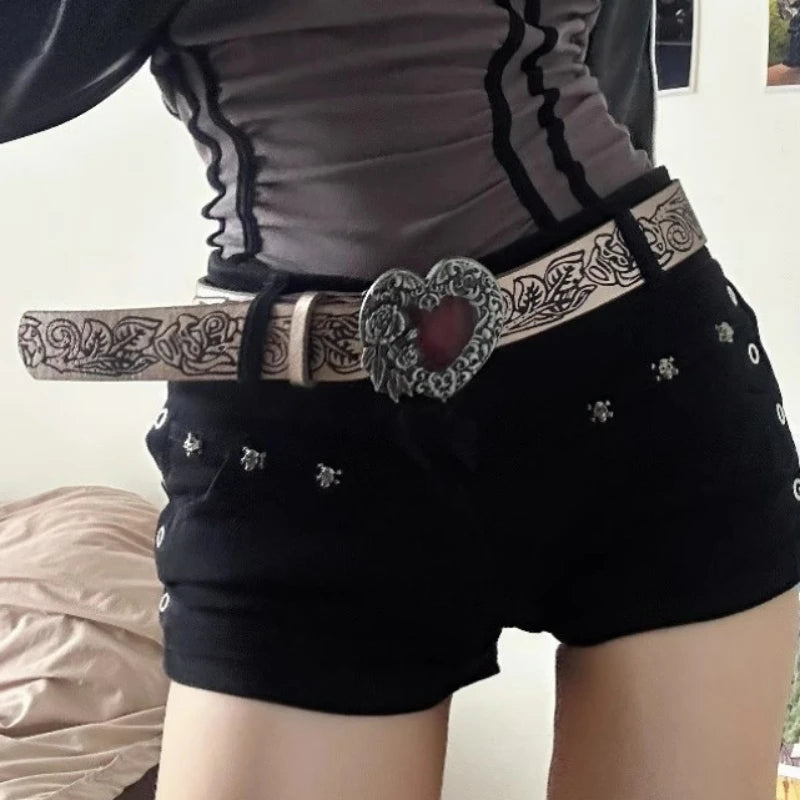 Gothic Punk Rock Red Rhinestone and Leather Belt - Orchid Boutique Shop