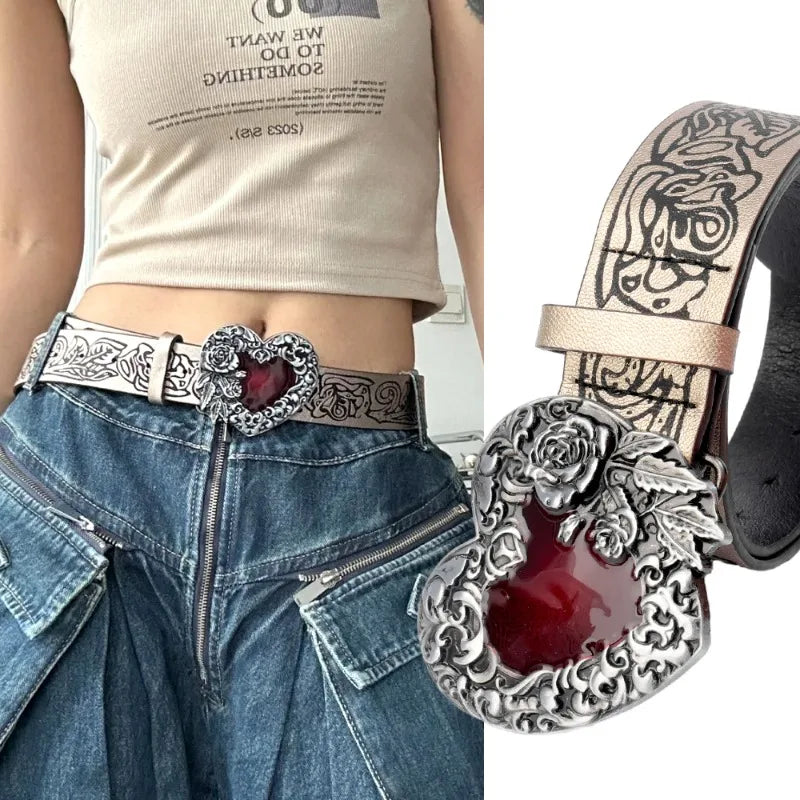 Gothic Punk Rock Red Rhinestone and Leather Belt - Orchid Boutique Shop