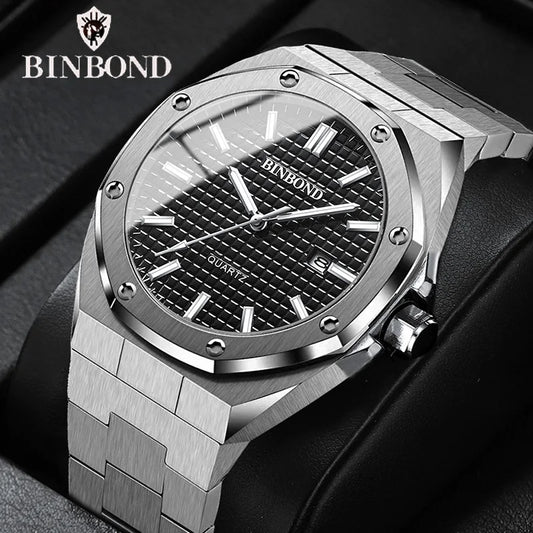 BINBONG Fashion Watch, Big Dial, Silver Stainless Steel, Calendar Quartz - Orchid Boutique Shop