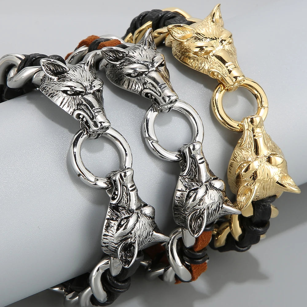 Weaved Luxury Leather and Stainless Steel Punk Wolf Bracelet for Men and Women - Orchid Boutique Shop