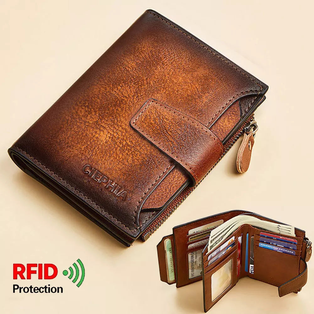 Men's Vintage Genuine Leather Wallet, RFID Blocking Zipper Coin Pocket Money Clip - Orchid Boutique Shop